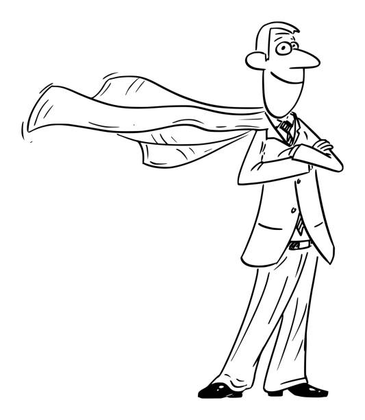 Vector Comic Cartoon of Confident Businessman Superhero with Flying Cape Vector funny comic cartoon drawing of confident businessman superhero posing with flying cape. superhero drawings stock illustrations