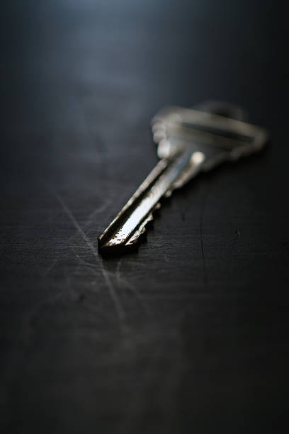 istock Silver house key on wooden background 1191421730
