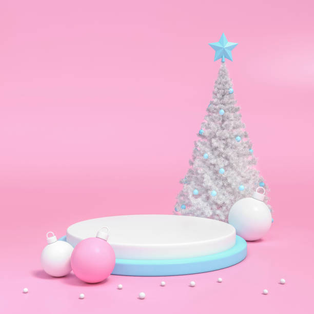 istock White christmas tree and pink and white decoration object group with podium display stand on pastel pink background 3d rendering. 1191421880
