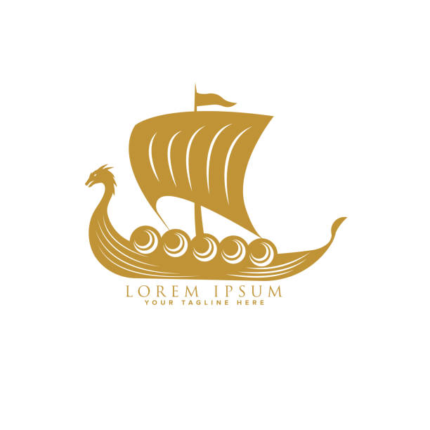 illustrazioni stock, clip art, cartoni animati e icone di tendenza di modello di design del logo galleggiante della nave vichinga - viking