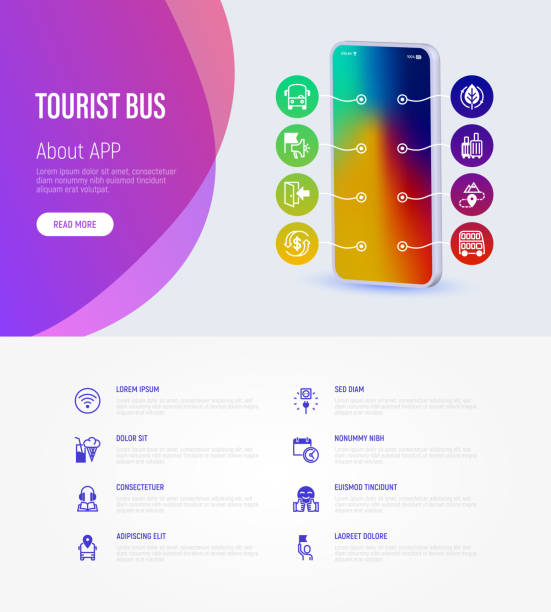illustrazioni stock, clip art, cartoni animati e icone di tendenza di modello di pagina web bus turistico con spazio di copia. app mobile su smartphone con icone di linea sottile: wi-fi gratuito, programma, bagagli, presa, audioguida, rimborso, doppio piano. illustrazione vettoriale. - road trip audio