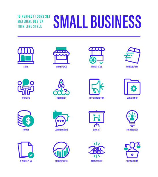 Small business thin line icons set. Marketplace, market stall, home delivery, job interview, coworking, startup, digital marketing, finance, growth chart, partnership, self employed. Vector illustration. vector art illustration