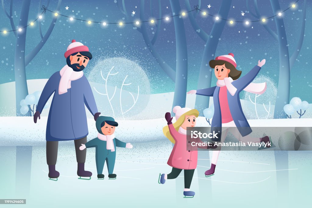 Vetores de Personagens De Desenhos Animados Felizes Mãe E Pai Com Seus  Filhos Estão Patinando No Gelo Em Um Parque De Inverno Feliz Natal E Feliz  Ano Novo Pais Com Filhos Família