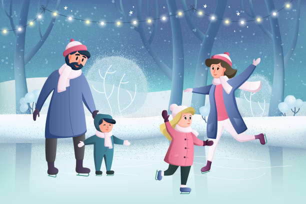 Happy cartoon characters, mother and father, with their children are ice skating in a winter park, merry christmas and happy new year. Parents with kids. Family for a walk. Winter family fun Happy cartoon characters, mother and father, with their children are ice skating in a winter park, merry christmas and happy new year. Parents with kids. Family for a walk. Winter family fun my stepmom stock illustrations