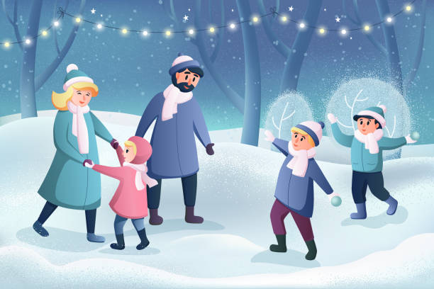 Happy cartoon characters, mother and father play snowballs with their children in a winter park, merry christmas and happy new year. Parents with kids. Winter family fun holidays card. Happy cartoon characters, mother and father play snowballs with their children in a winter park, merry christmas and happy new year. Parents with kids. Winter family fun holidays card. my stepmom stock illustrations