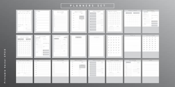 Planner sheet vector Set of minimalist monochrome abstract planners. Daily, weekly, monthly planner template. Blank printable vertical notebook page with space for notes and goals. 
Business organizer. Paper sheet size A4. tracker stock illustrations