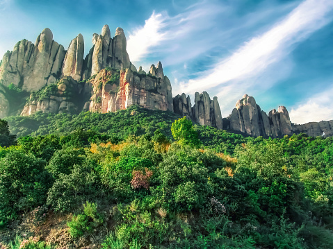 Colorful vibrant landscape of the Montserrat mountains in Catalonia (Spain)