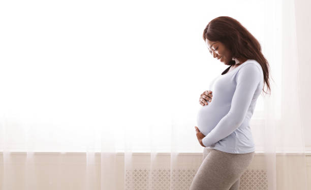 Black pregnant woman hugging her tummy at home Beautiful pregnant afro woman hugging her tummy, enjoying her pregnancy, staying next to window, free space abdomen photos stock pictures, royalty-free photos & images
