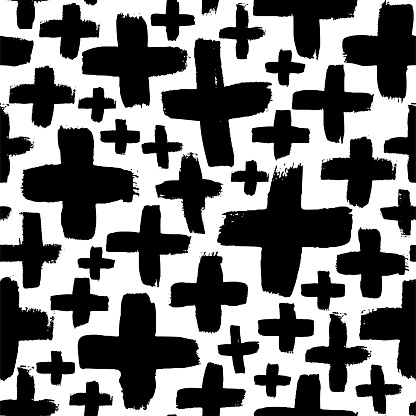 Crosses vector seamless pattern. Black and white grunge texture with pluses or x. Abstract background with brush strokes. Geometrical seamless pattern for wallpaper, web, design or textile
