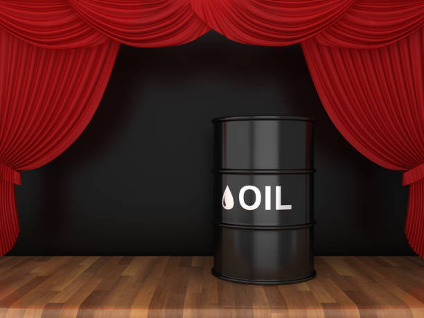 istock Oil Tank with Red Stage Curtains on Wood Floor - 3D Rendering 1191431773