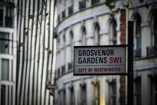 A sign for Grosvenor Gardens, in the Victoria area of London, UK.