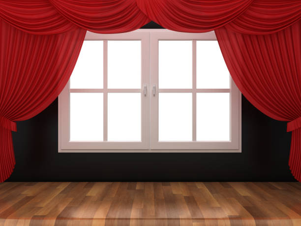 istock Closed Window with Red Stage Curtains on Wood Floor - 3D Rendering 1191433094