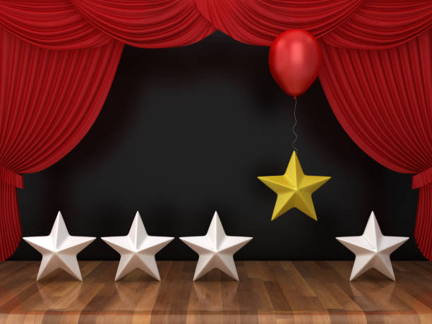 istock Stars and Balloon with Red Stage Curtains on Wood Floor - 3D Rendering 1191433687
