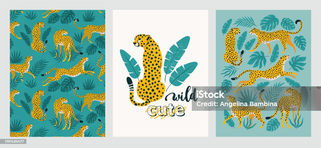 Vector poster set of leopards and tropical leaves. Trendy illustration. Cheetah stock vector