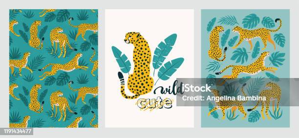 Vector Poster Set Of Leopards And Tropical Leaves Trendy Illustration Stock Illustration - Download Image Now