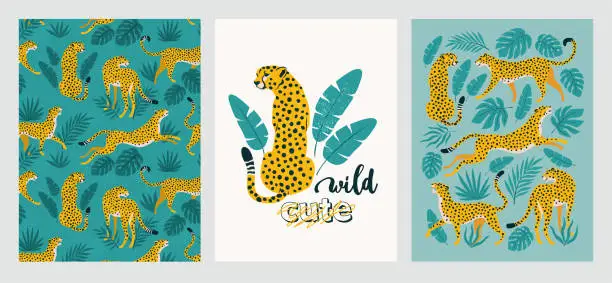 Vector illustration of Vector poster set of leopards and tropical leaves. Trendy illustration.
