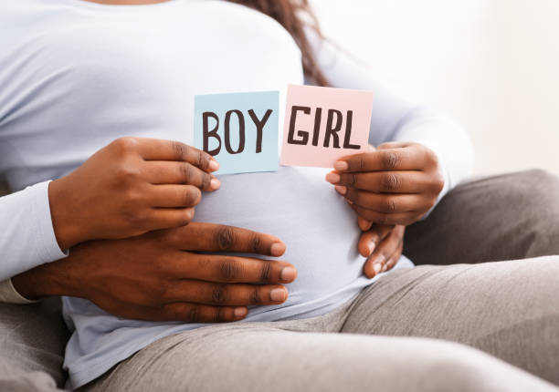 Couple holding pink and blue color card for baby gender Gender reveal concept. Black pregnant woman holding pink and blue color card for baby boy or girl, husband hugging her from behind, cropped discover card stock pictures, royalty-free photos & images