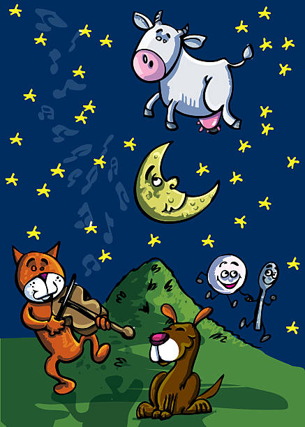 hej, diddle, diddle.the kot i najsprawniej myślisz, - cow moon nursery rhyme jumping stock illustrations