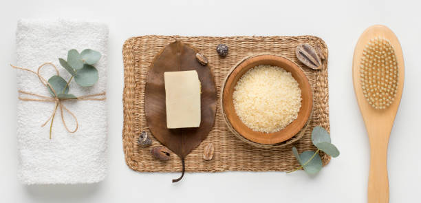 istock Zero waste bathroom accessories and sea salt scrub on white 1191442272