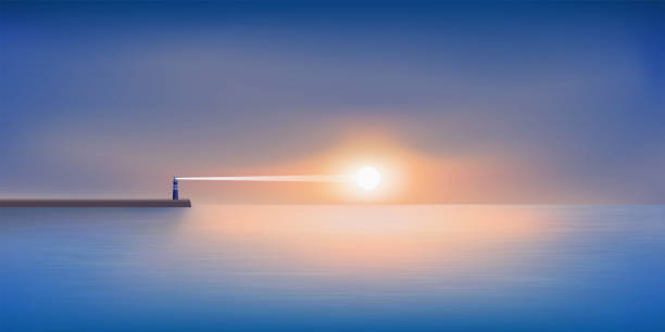 Scenic landscape showing a lighthouse at sunrise with the sun appearing at the horison. the day rises on a calm and relaxing maritime panorama, with a lighthouse on the horizon that guides the fishing vessels to the port. panoramic illustrations stock illustrations