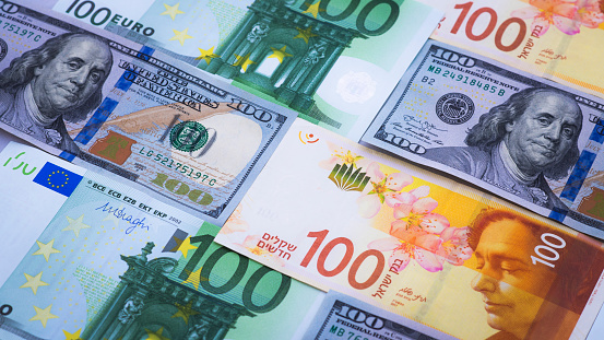 Israeli and world currency: 100 shekel, US dollar and euro bills