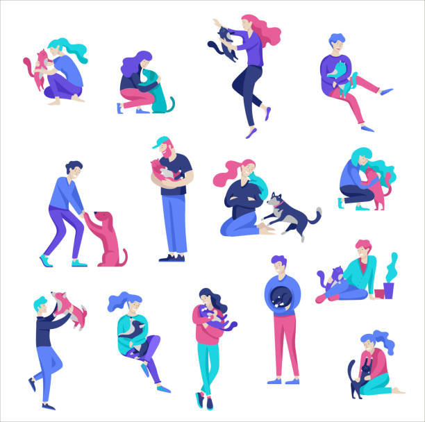 ilustrações de stock, clip art, desenhos animados e ícones de vector character. happy people with their pets, cat and dog love their owners - nature play illustrations
