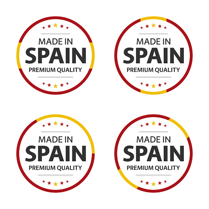 Set of four Spanish icons, English title Made in Spain, premium quality stickers and symbols, internation labels with stars, simple vector illustration isolated on white background