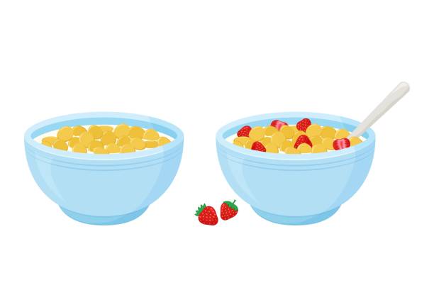 Cereal breakfast. Milk and sweet crunchy flakes with strawberry. Ceramic bowl with spoon. Healthy food for kids. Vector Cereal breakfast. Milk and sweet crunchy flakes with strawberry. Ceramic bowl with spoon. Healthy food for kids. Vector illustration grain bowl stock illustrations