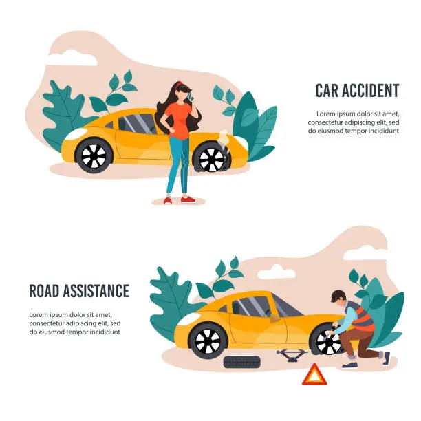 Vector illustration of Girl calling road assistance for help. Burst wheel. Mechanic changing wheel on a roadside. Road assistance banner concept. Flat vector illustration.