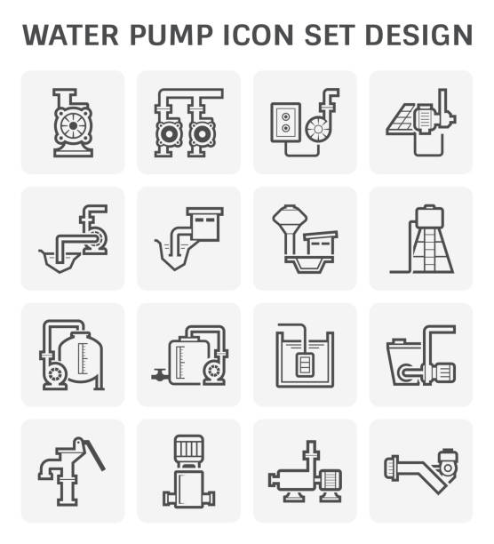 water pump icon Electric water pump and water tank and steel pipe for water distribution isolated on white background. electric motor white background stock illustrations