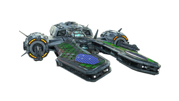 istock Alien UFO spaceship, spacecraft in flight isolated on white background, front view, 3D render 1191454801