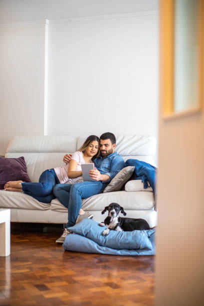 Young latin american couple at home Young latin american couple at home spending some free time on the sofa two dogs hugging stock pictures, royalty-free photos & images