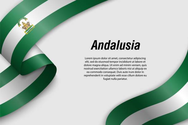 illustrazioni stock, clip art, cartoni animati e icone di tendenza di waving nastro o striscione con bandiera comunità di spagna - andalusia