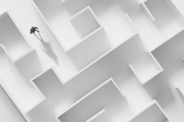 man walking in a complex maze, surreal concept