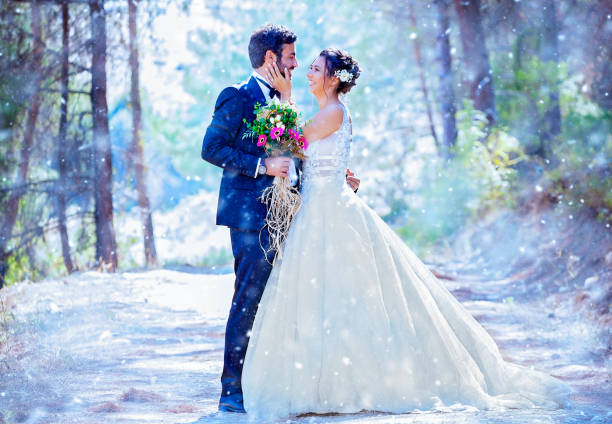 istock Wedding Couple on snow 1191458916