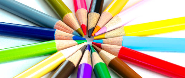 istock Panoramic view various colorful pencils in circle pattern isolated on white 1191459370