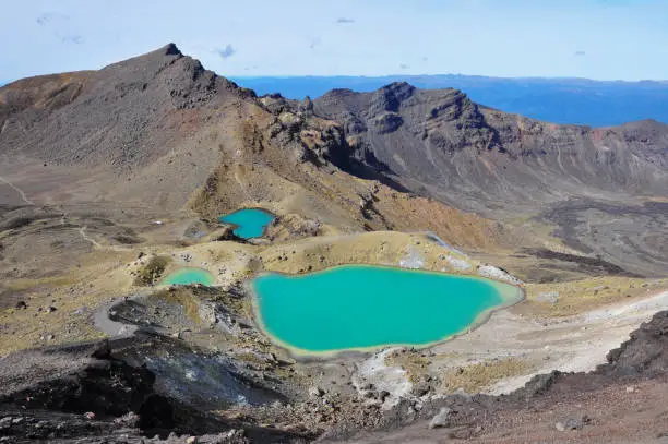 Photo of Panorama view of colorful Emerald lakes and volcanic landscape, Tongariro Alpine Crossing, North Island, New Zealand.