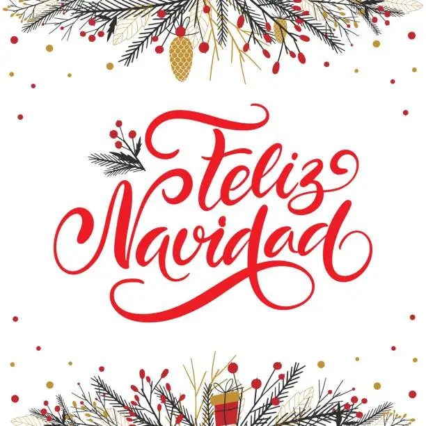 Vector illustration of Vector card Merry Christmas translation on Spanish language Feliz Navidad. Xmas poster with winter season decoration on white background. Christmas greeting for celebration, web site, social media.