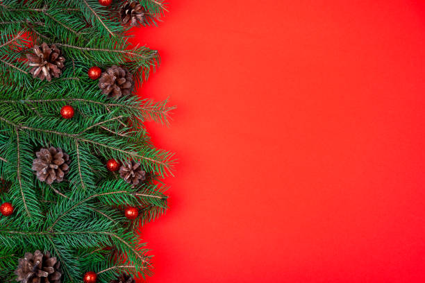 istock Christmas tree branches decorated with pine cones  over red festive background. Flat lay. 1191460468