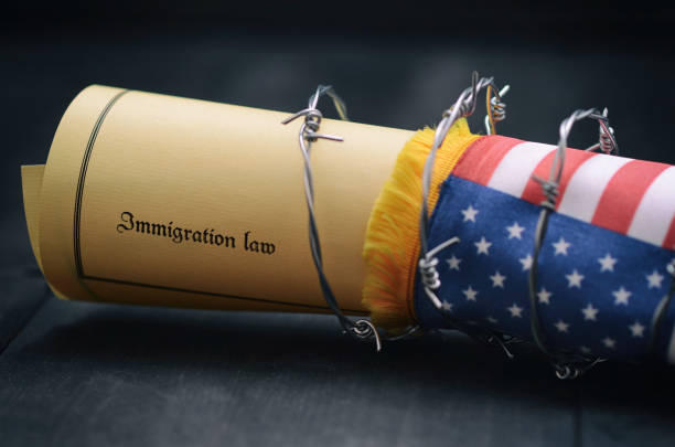 Barbed wire , Immigration Law and flag of United States Of America stock photo Barbed wire , Immigration Law and flag of United States Of America, immigration concept deportation stock pictures, royalty-free photos & images