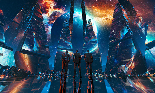 Futuristic 3D render a businessmen standing in the center of a glossy tunnel in an outer space against nebula and unknown planet. 80s retro style. Video Loop