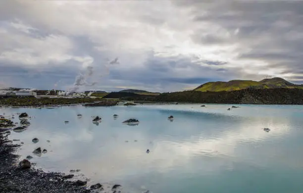 Photo of Geothermal power station at Blue lagoon Iceland. Popular tourist attraction. Very serene landscape