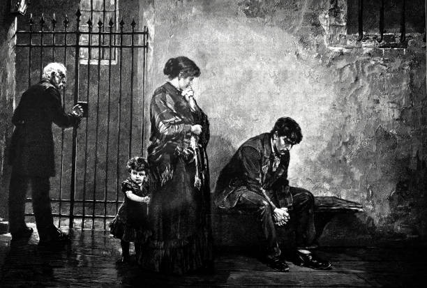 어머니와 아이는 감옥에서 자신의 남편을 방문 - victorian style women history couple stock illustrations