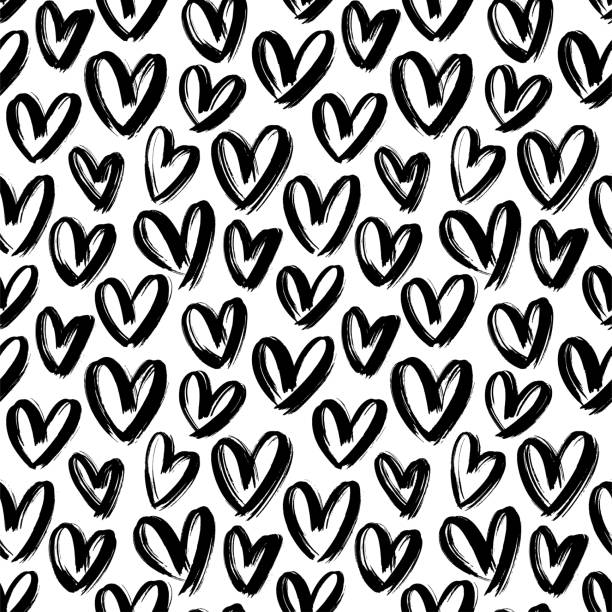 ハーツブラックとホワイトベクターシームレスパターン。白い背景にフリーハンド愛のシンボルイラスト。 - backgrounds textured inks on paper black点のイラスト素材／クリップアート素材／マンガ素材／アイコン素材