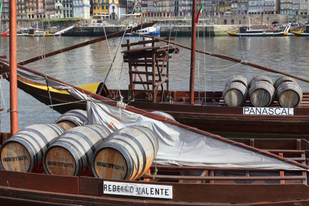 Barrels of port wine on a ships in the harbor of Porto, Portugal
