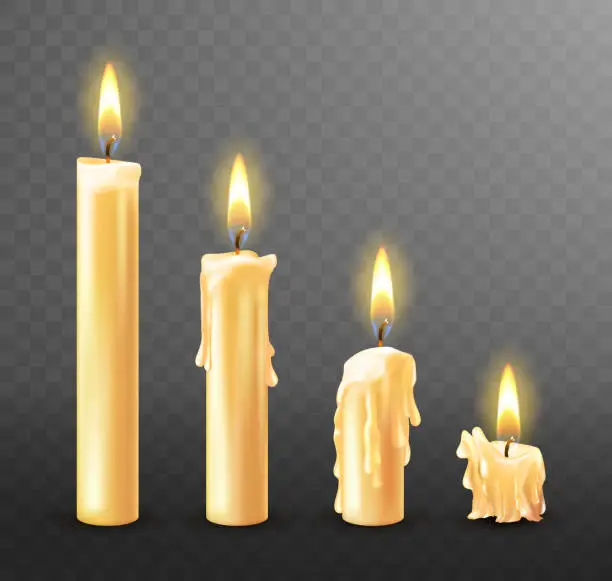 Vector illustration of Burning candle, dripping or flowing wax, realistic