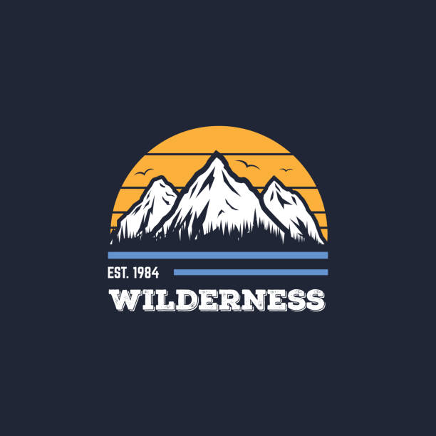 Mountain vector badge Mountain adventure badge, logo or print for t-shirt design. Travel and camping concept. Text and letters, flying birds, sun and forest on mountain background. white t shirt silhouette stock illustrations