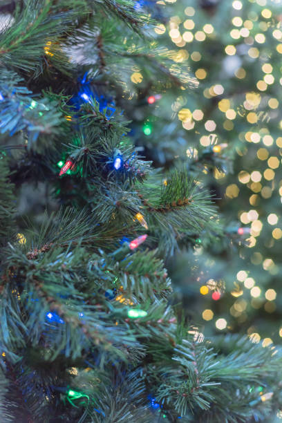 istock Close-up artificial Christmas tree and pre-lit color-changing lights LED at hardware store in USA 1191468984