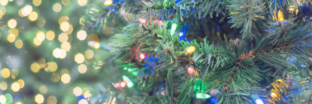 istock Panoramic close-up artificial Christmas tree and color-changing lights LED at hardware store in USA 1191469945