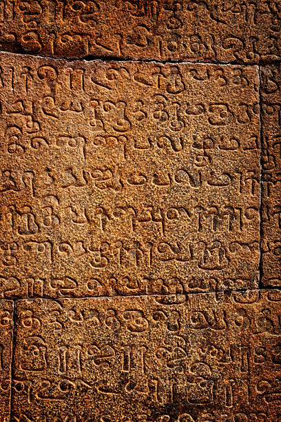 istock Ancient inscriptions on stone wall in Tamil language. 119147017